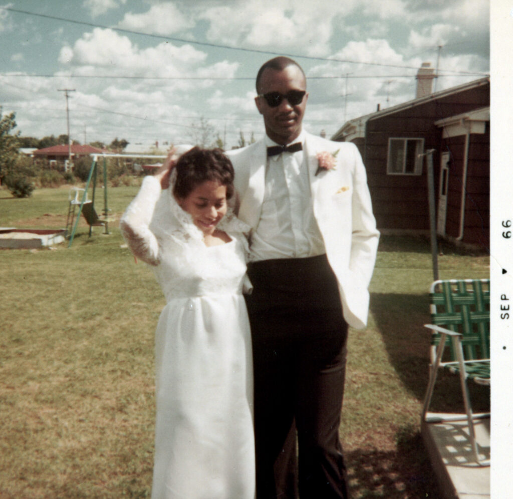 Mom and Dad wedding reception photo in backyard